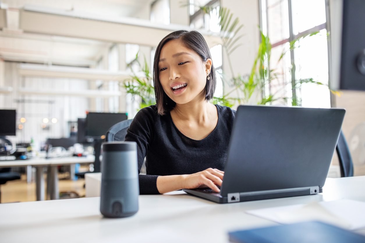 woman talking to virtual assistant