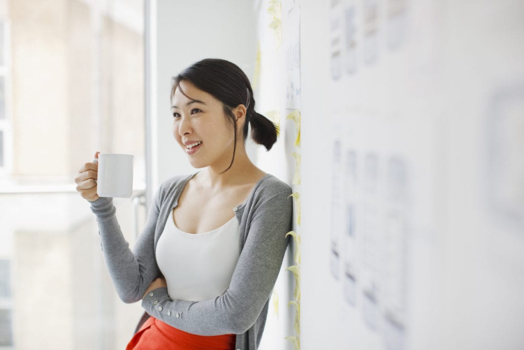 Smiling businesswoman leaning against whiteboard and drinking coffee