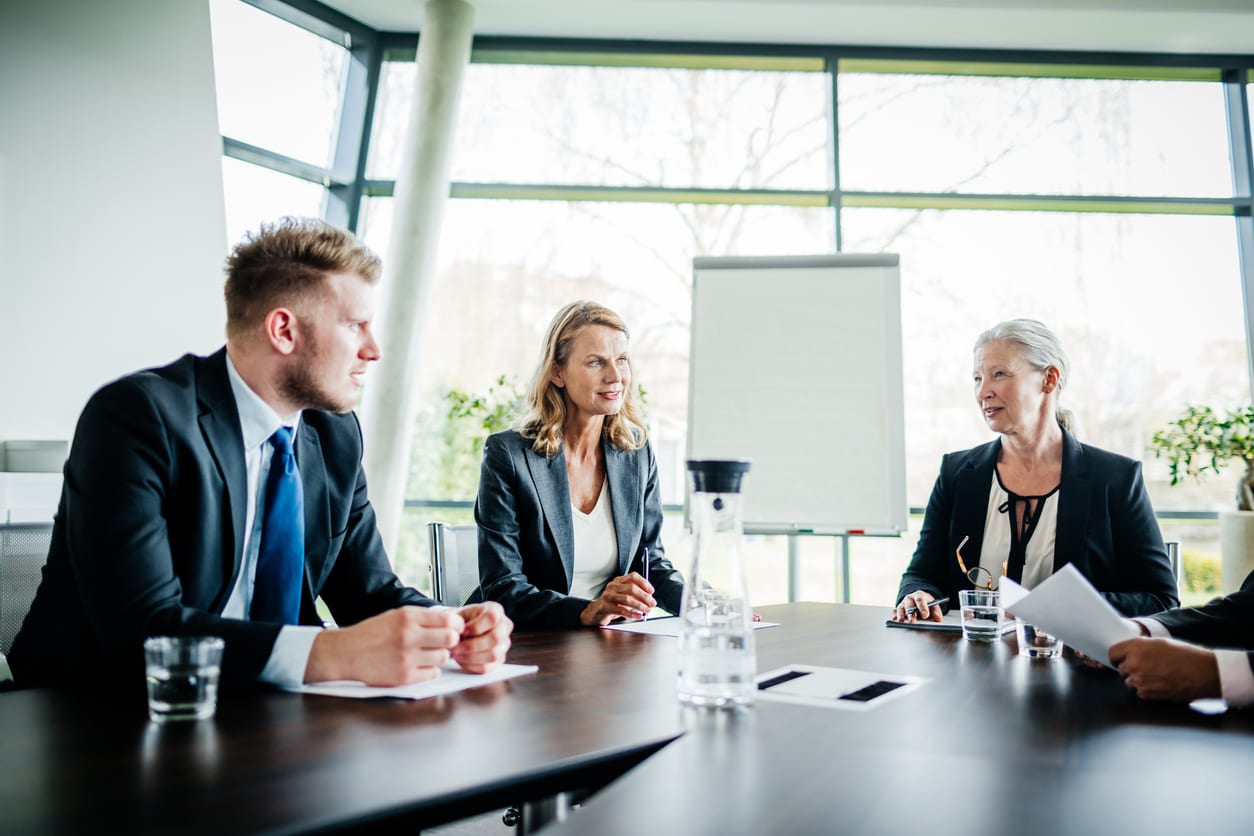 A business meeting between shareholders and managers in a modern office conference room.