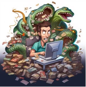 Cartoon style photo of a man on a computer in front of hostile snakelike creatures