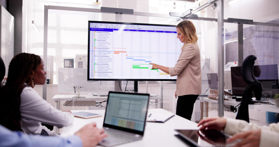 Women presenting data on a large TV screen in a meeting