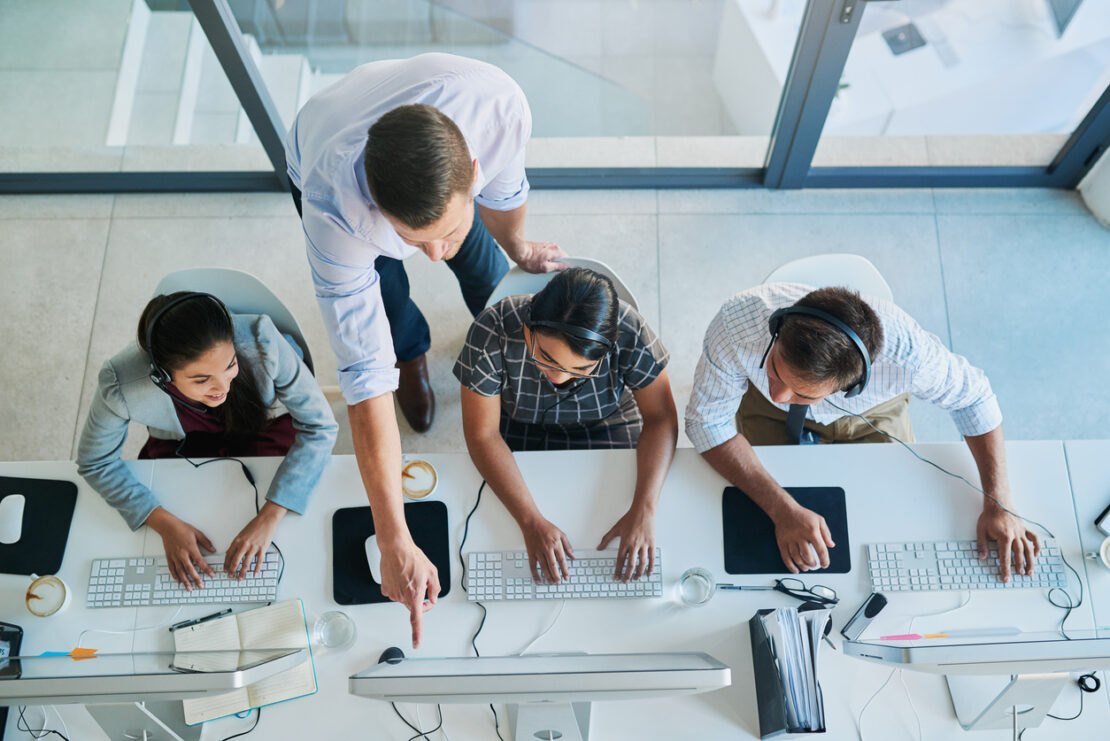 Birdseye view of a team working together 